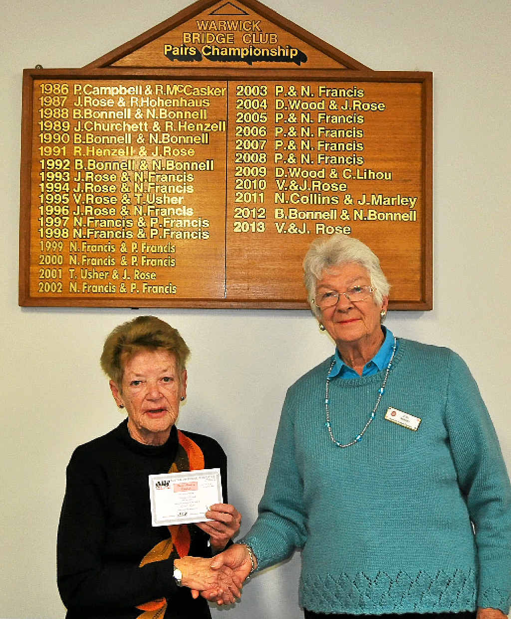 MASTER OF THE GAME: Beverly Bonnell accepts her certificate from Judy Mobbs after receiving the ranking of grandmaster in Bridge.